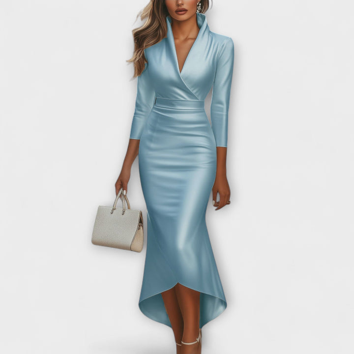 Rebecca - Elegantní bílá saténová midi šaty s výstřihem do V