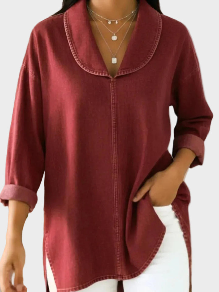 Sanna - Retro denim top s šálovým límcem