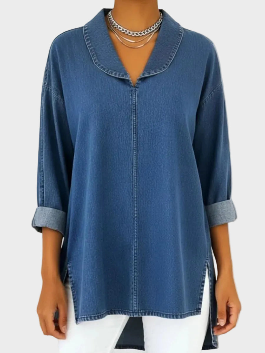 Sanna - Retro denim top s šálovým límcem