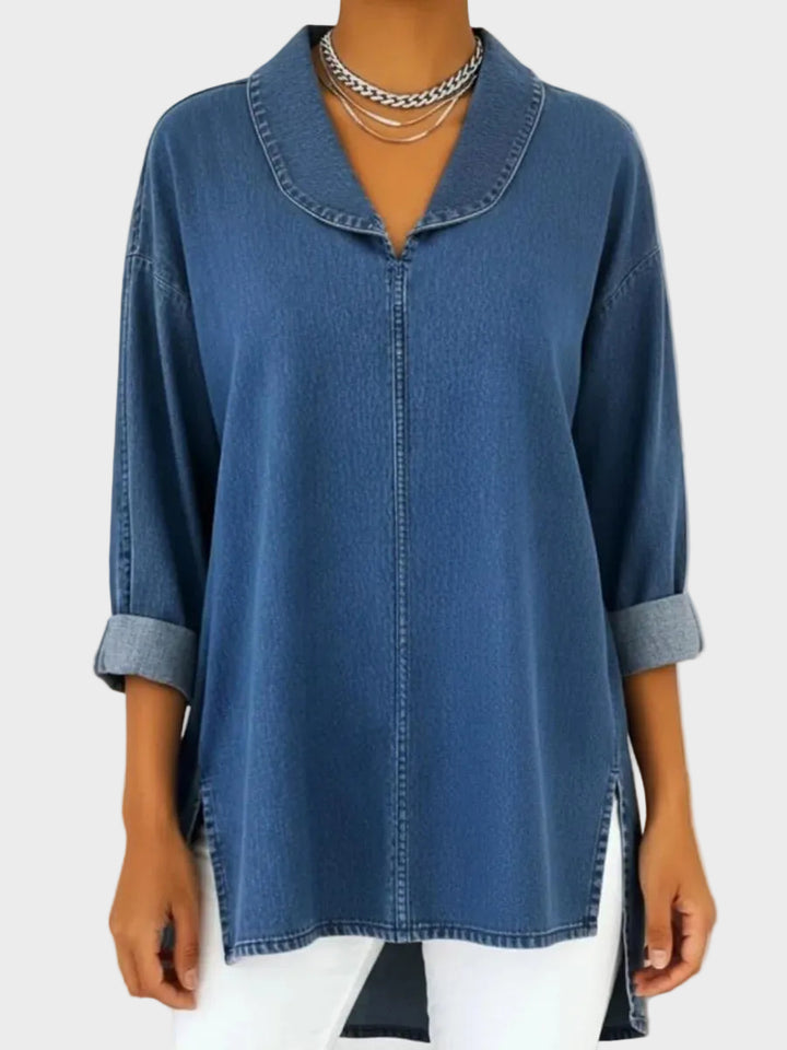 Sanna - Retro denim top s šálovým límcem