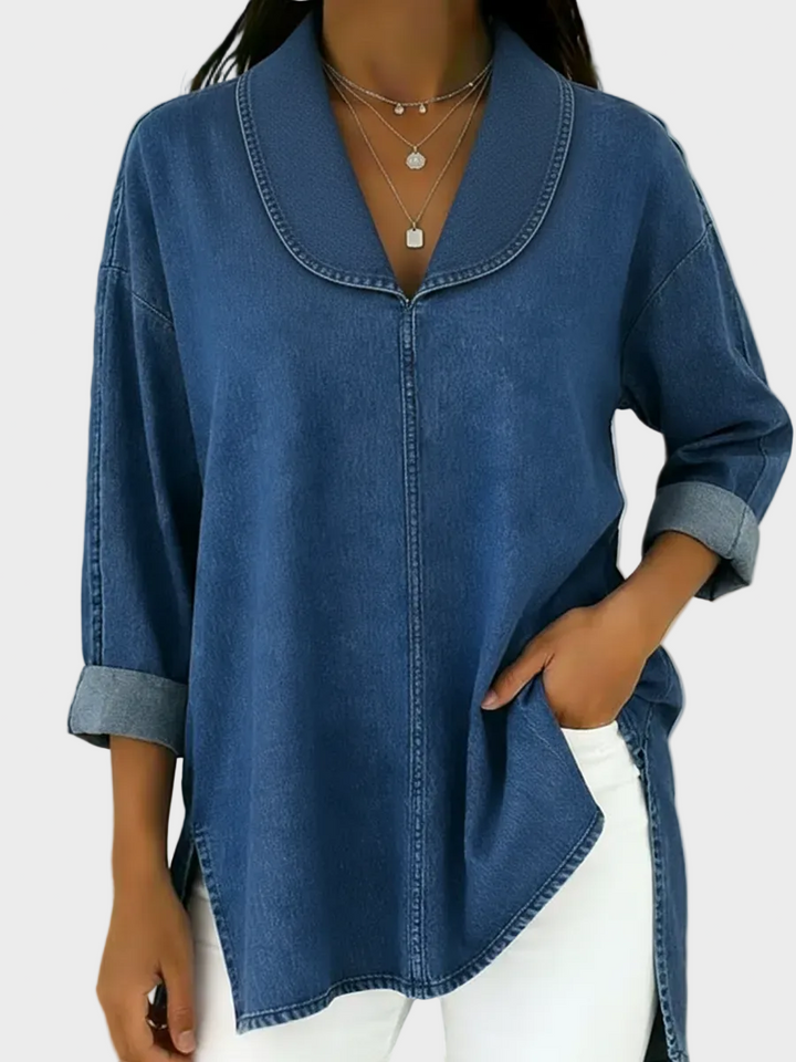 Sanna - Retro denim top s šálovým límcem