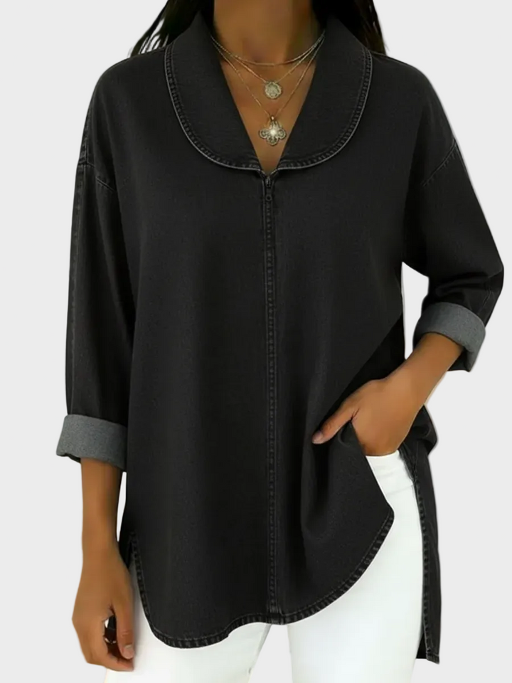 Sanna - Retro denim top s šálovým límcem