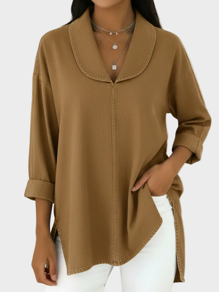 Sanna - Retro denim top s šálovým límcem