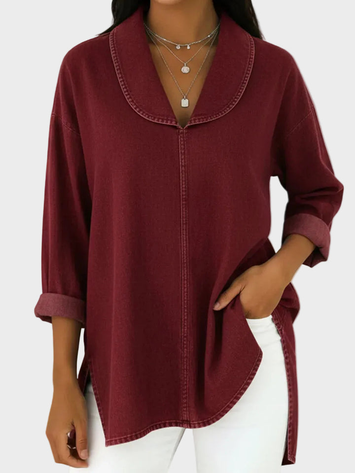 Sanna - Retro denim top s šálovým límcem